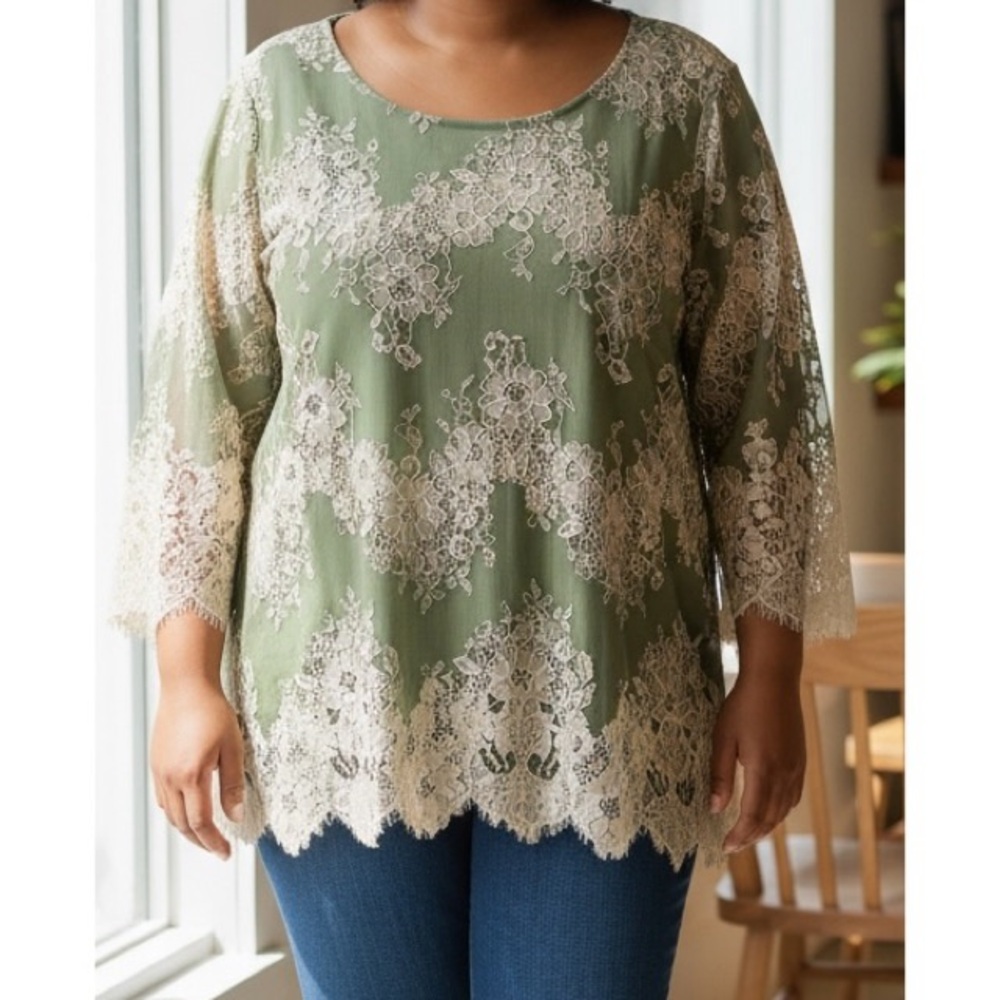 Linea By Louis Dell’Olio Plus Size 16 Green & Beige Lace Inset Blouse